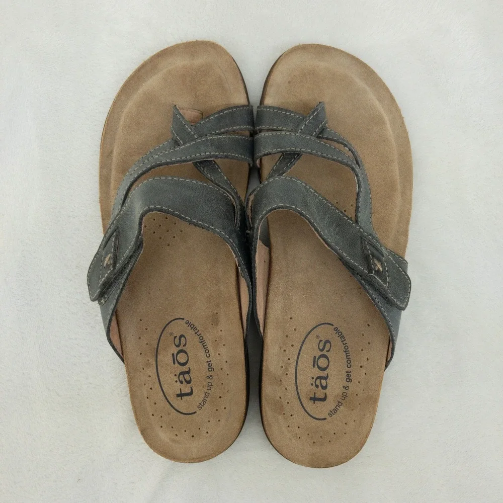 Taos Perfect Sandals Womens 7 Gray Leather Strappy Adjustable Comfort Thong